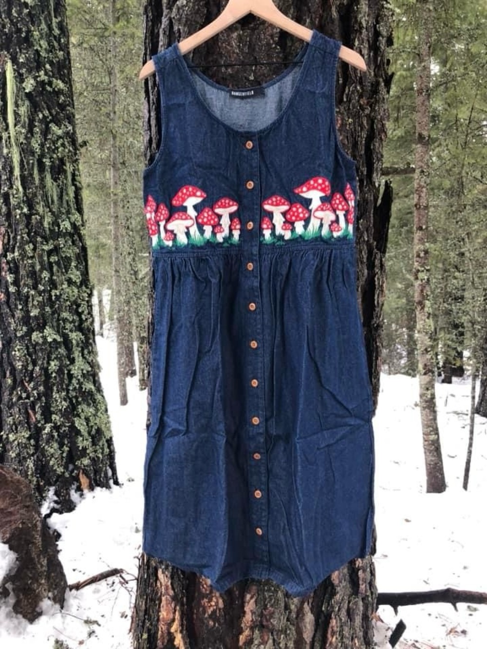 Dangerfield Navy Denim Midi Dress with Red Mushroom Embroidery
